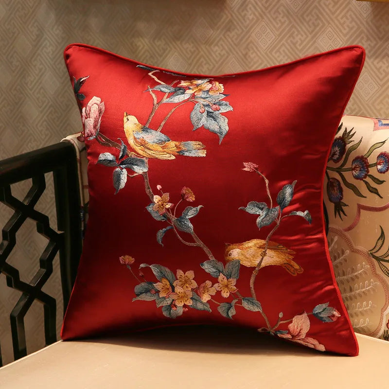 Chinese Style Rose Pattern Silk Cushion Cover Chinese Style Coffee Lack Blue Pillowcases Luxury Birds Flowers Pillow Cover